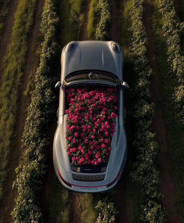 Top-Down View of a Car Filled with Flowers, photographic, luxury, vibrant