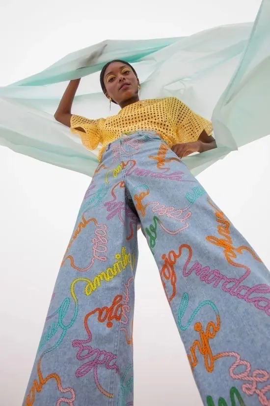 Fashion Editorial with Graphic Pants, playful, y2k, vibrant