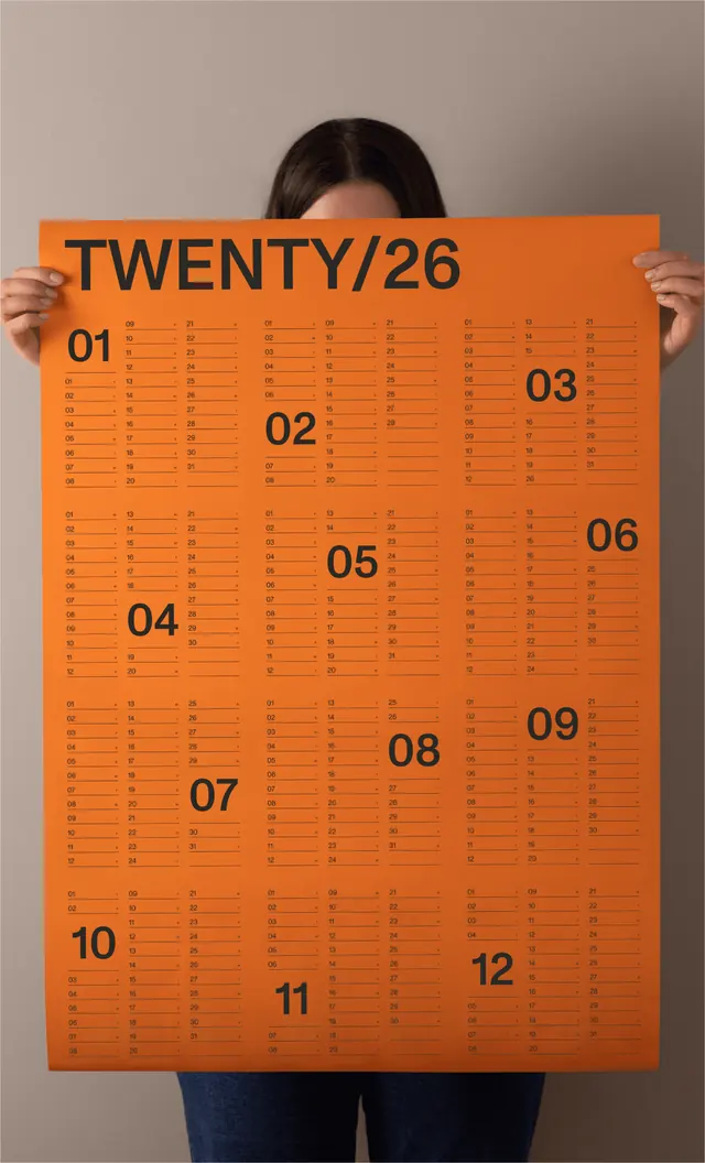 Orange grid calendar planner poster, minimal, data-dense, vibrant