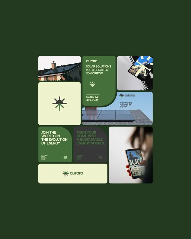 Aurora solar energy brand grid layout, minimal, corporate-clean, light