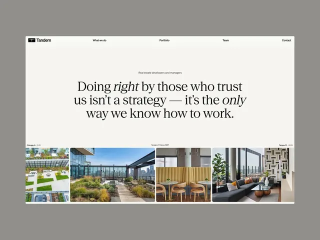 Real-estate hero with portfolio gallery below serif headline, corporate-clean, minimal, light