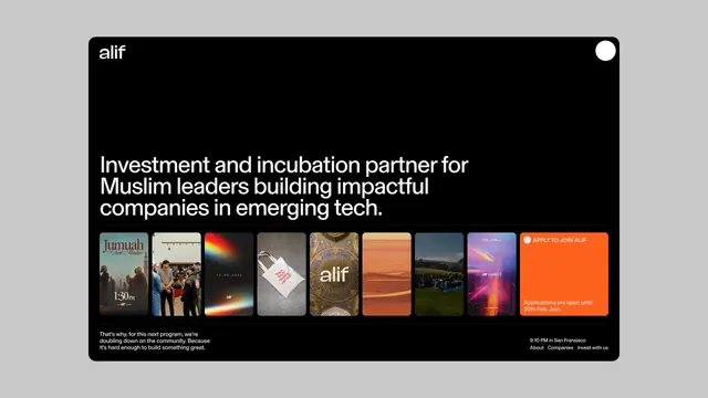 Dark tech incubator hero with image gallery and orange CTA, dark-mode, minimal, dark