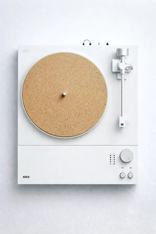 Minimal turntable mockup with cork platter and cable management, minimal, technical, light