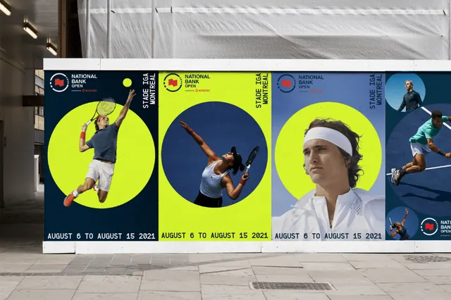 Event promotion wall display with tennis players, playful, photographic, vibrant