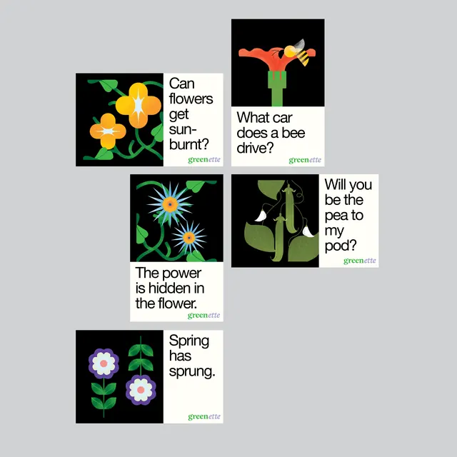 Greenrite botanical education card grid, flat, minimal, dark