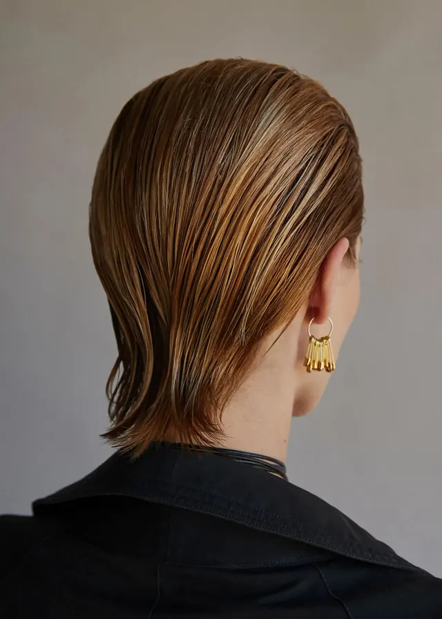 Woman with Wet Hair and Gold Earring, minimal, luxury, warm