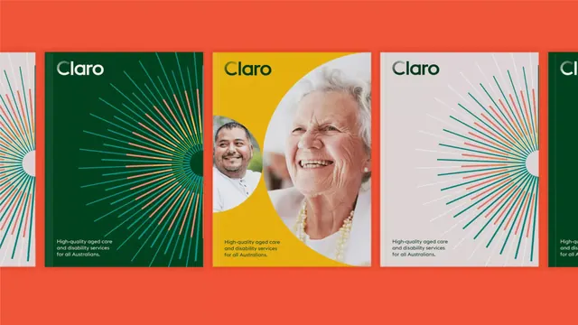 Claro healthcare brand system with radial sunburst pattern, minimal, corporate-clean, warm