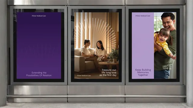 Three-panel healthcare brand window display, minimal, corporate-clean, light