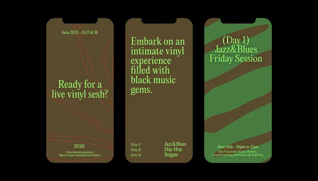Music festival mobile event cards with earthy organic type, minimal, organic, dark