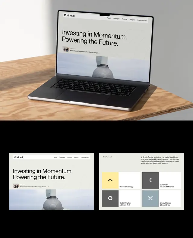 KineticC momentum website mockup with color system, corporate-clean, minimal, muted