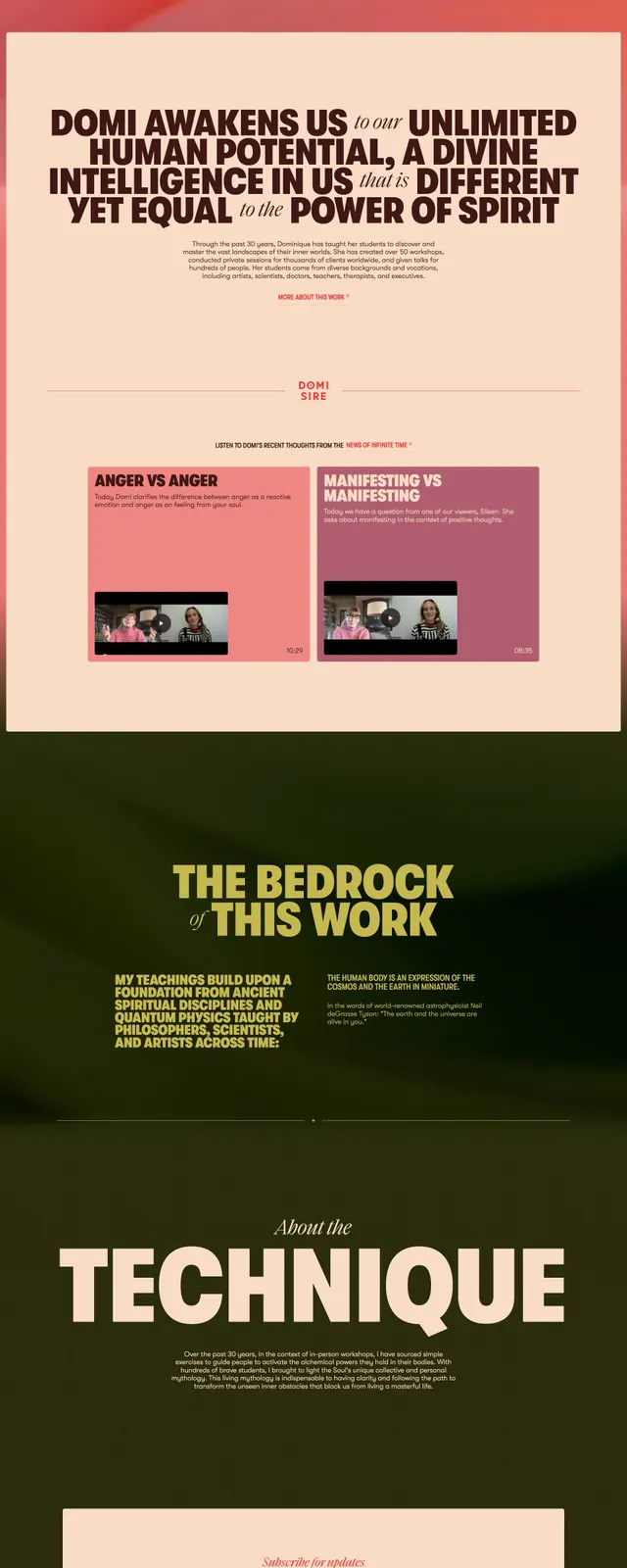 Dominique editorial portfolio with bold color blocking, editorial, gradient-heavy, warm