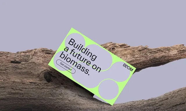 Neon branding card mockup on wood with sustainability messaging, minimal, flat, light