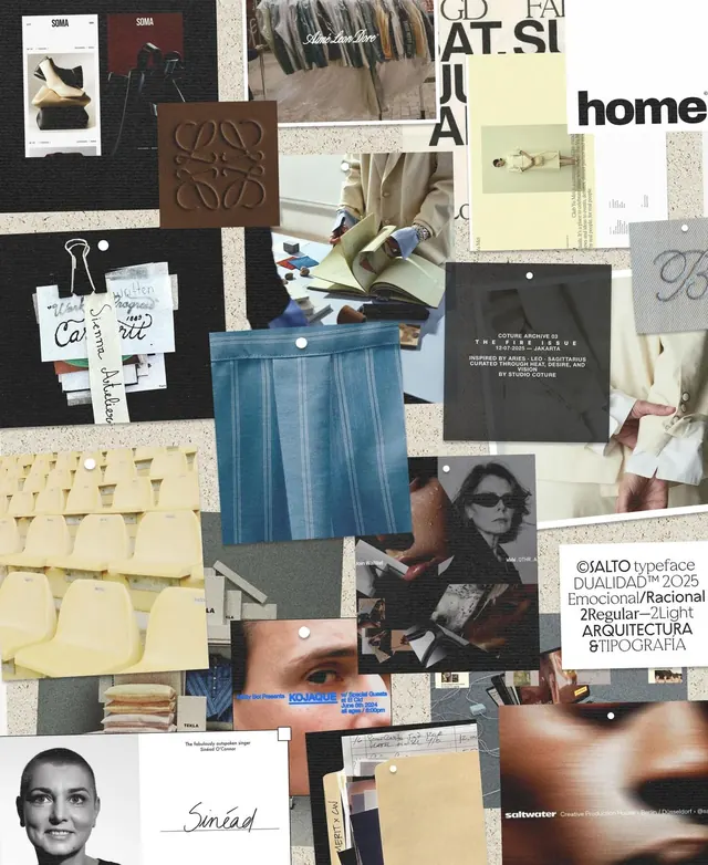 Design system moodboard with texture and typography, editorial, maximalist, warm