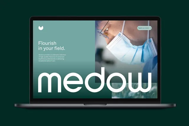 Healthcare laptop mockup with teal split layout and medical imagery, minimal, corporate-clean, cool