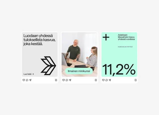 Three Finnish social cards with teal accents, minimal, boxed, light