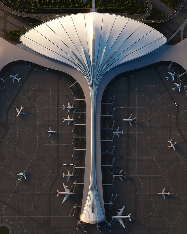 Futuristic Tree-Like Pavilion Architecture, minimal, organic, monochrome