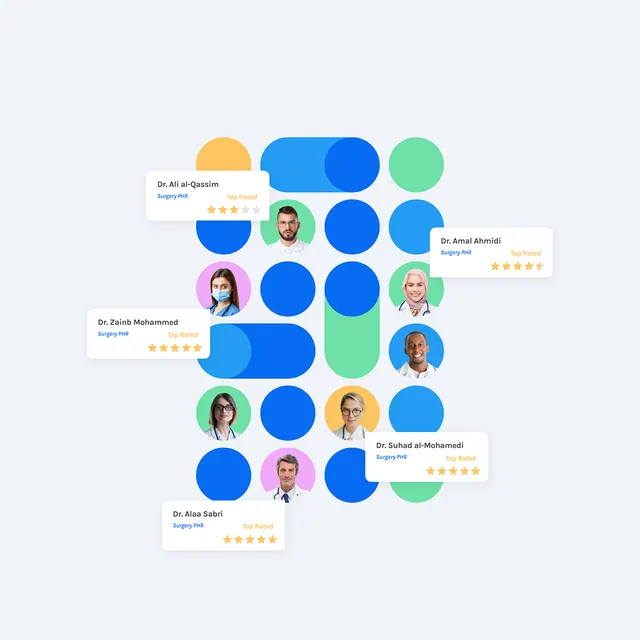 Healthcare director grid with overlapping colored avatars and ratings, minimal, flat, light