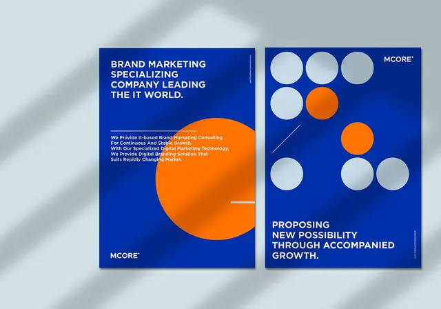 Two-page corporate poster with bold orange circle and circular grid, geometric, corporate-clean, vibrant