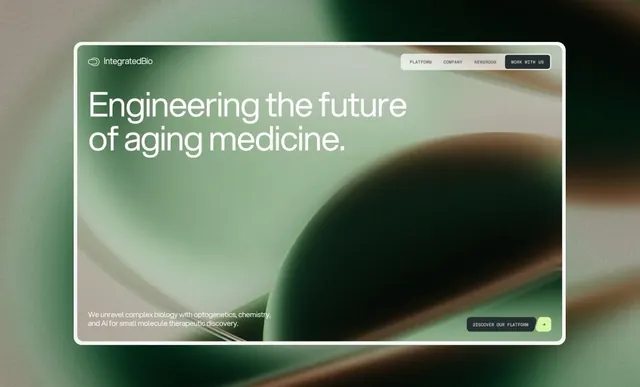 IntegratedBio biotech hero with sage-green gradient, gradient-heavy, minimal, gradient