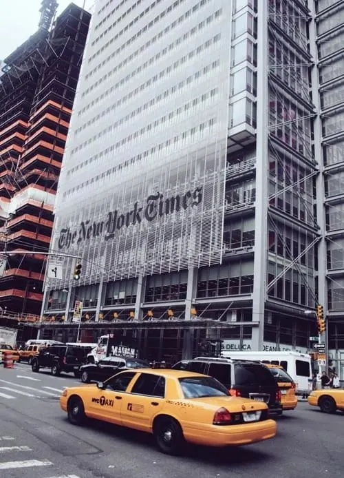New York Times Building Exterior, photographic, corporate-clean, high-contrast