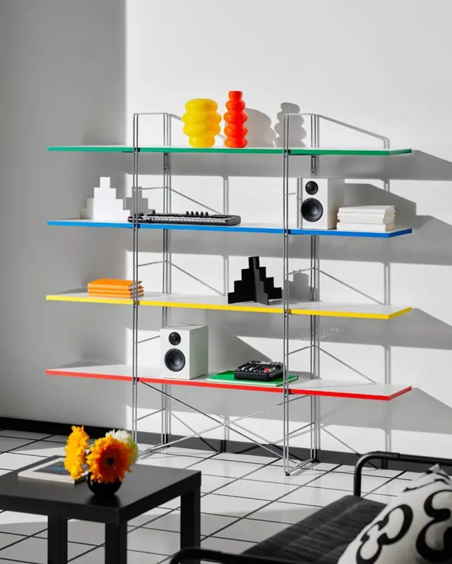 Minimalist Shelving Unit with Colorful Accents, minimal, geometric, vibrant
