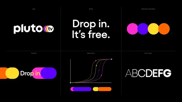 Pluto TV Brand Identity Elements, minimal, corporate-clean, dark