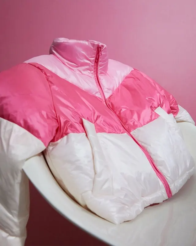 Pink and White Puffer Jacket Mockup, photographic, minimal, vibrant