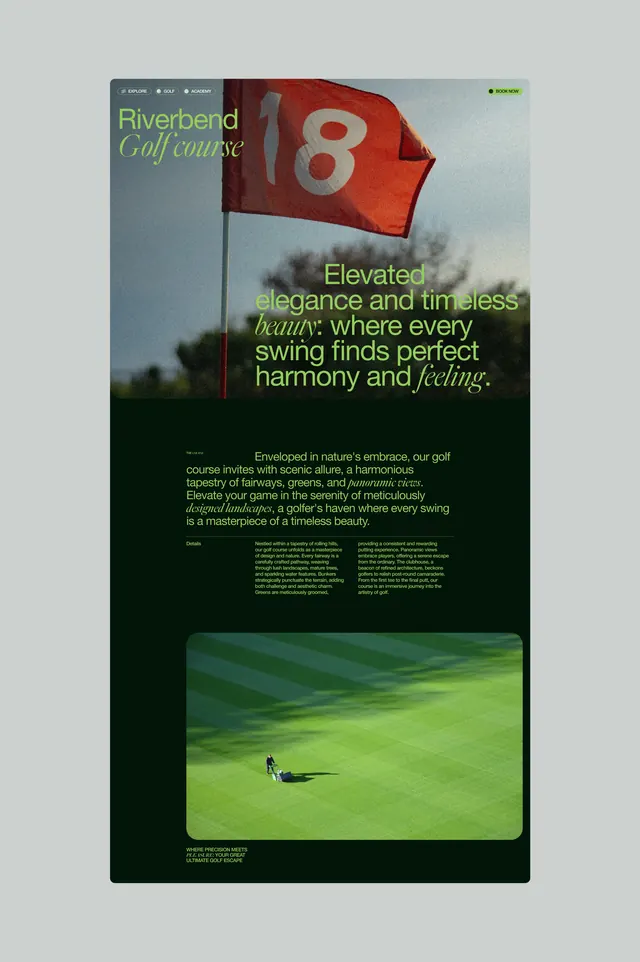 Golf course website hero with flag photography, editorial, photographic, vibrant
