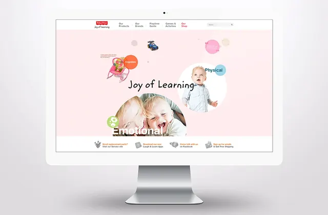Pastel kids-brand homepage on desktop mockup, playful, flat, pastel