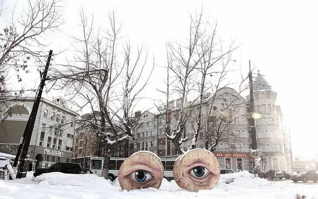 Surrealist Eye Collage over Architecture, photographic, maximalist, monochrome