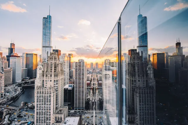 Cityscape Reflection Mockup, photographic, corporate-clean, warm