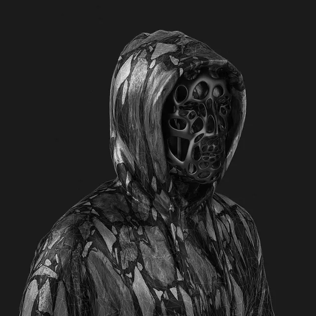 Hooded Figure with Masked Face, monochrome, illustrated, monochrome