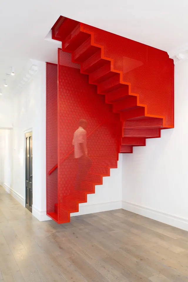 Red Geometric Staircase Architecture, minimal, geometric, vibrant