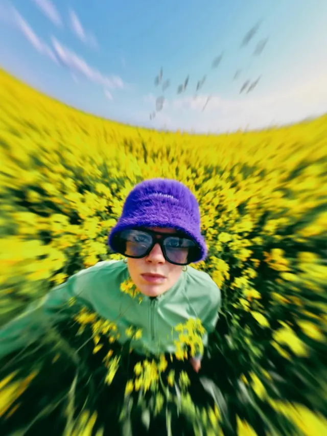 Person in Sunflower Field with Sunglasses, photographic, playful, vibrant