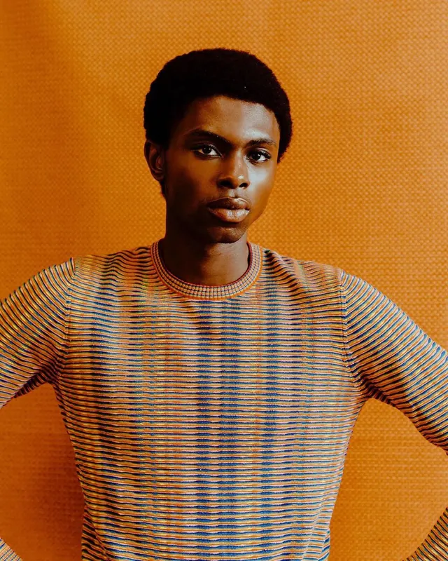 Portrait of a Young Man in Striped Shirt, photographic, minimal, vibrant