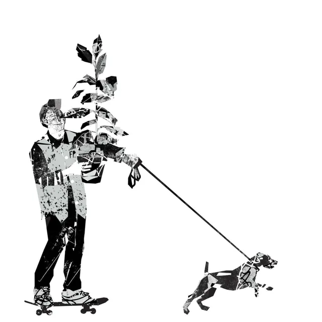 Skater with Dog Illustration, minimal, line-art, monochrome