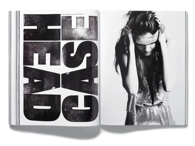 Fragmented magazine spread with sequined-top portrait, editorial, brutalist, monochrome