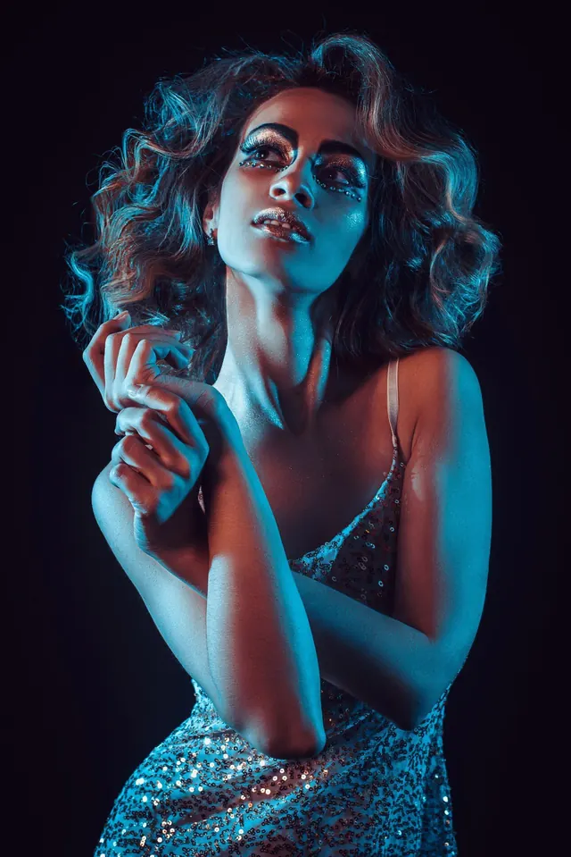 Glamorous Woman in Sequined Dress, luxury, photographic, dark