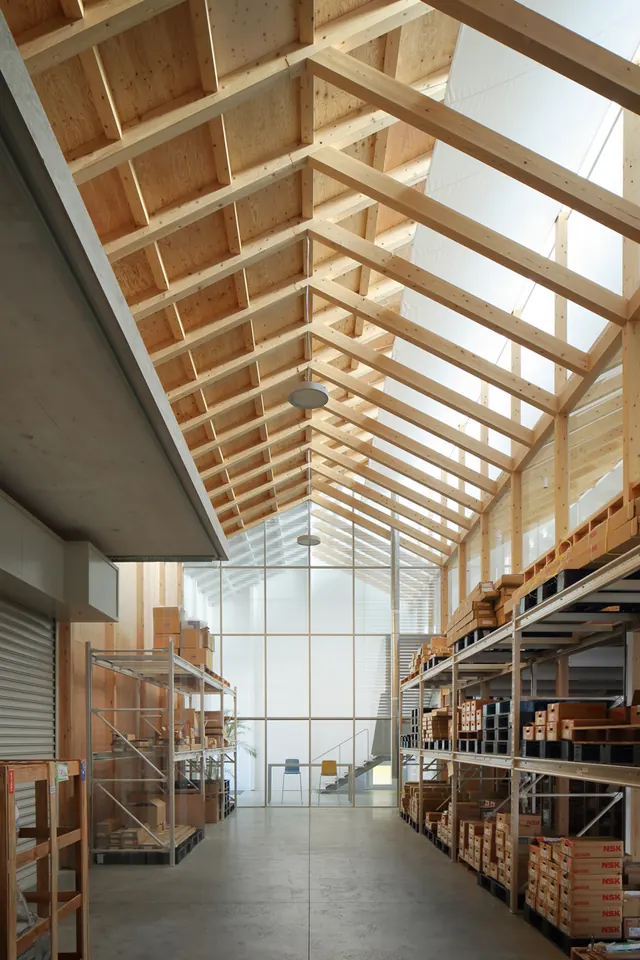 Industrial Warehouse Interior with Timber Truss Roof, photographic, technical, warm