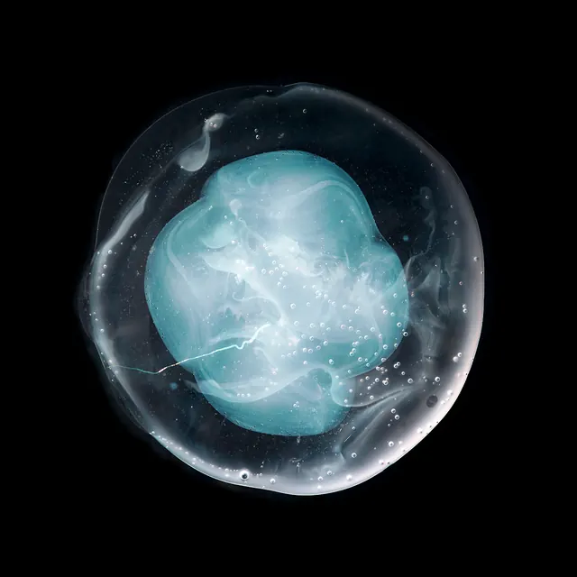Abstract Blue Sphere in Glass Bubble, glassmorphism, organic, dark