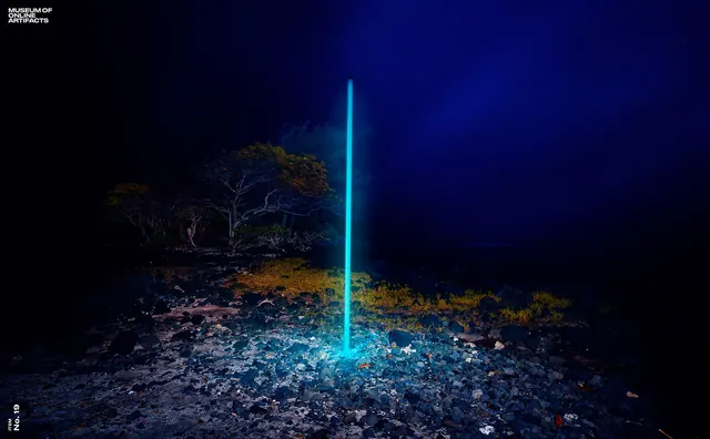Glowing Blue Light Beam in Forest, dark-mode, photographic, dark