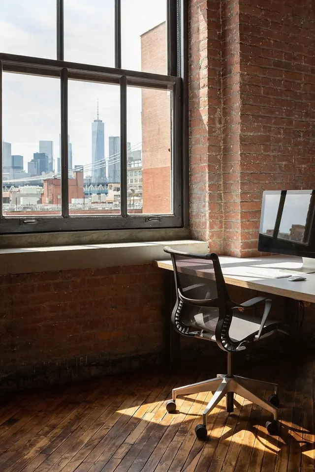 Office Interior with City View, photographic, minimal, muted