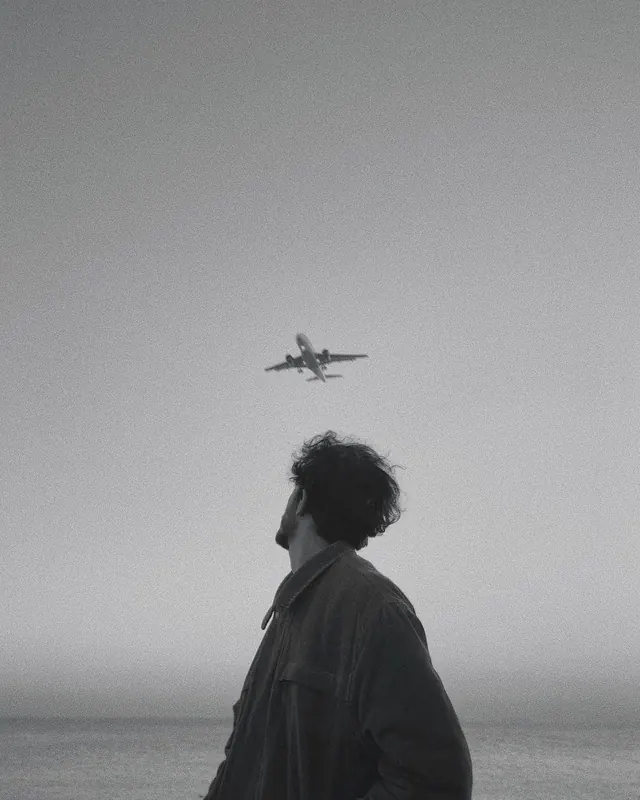 Man Watching Airplane, minimal, monochrome, monochrome