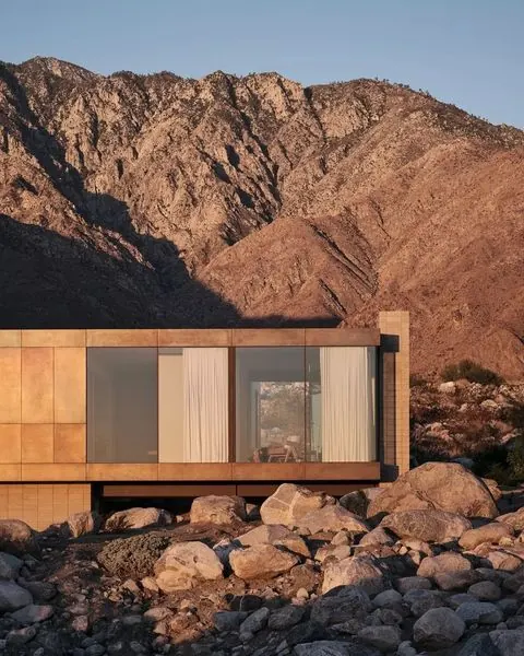 Modernist Architecture in Mountainous Terrain, minimal, photographic, earthy