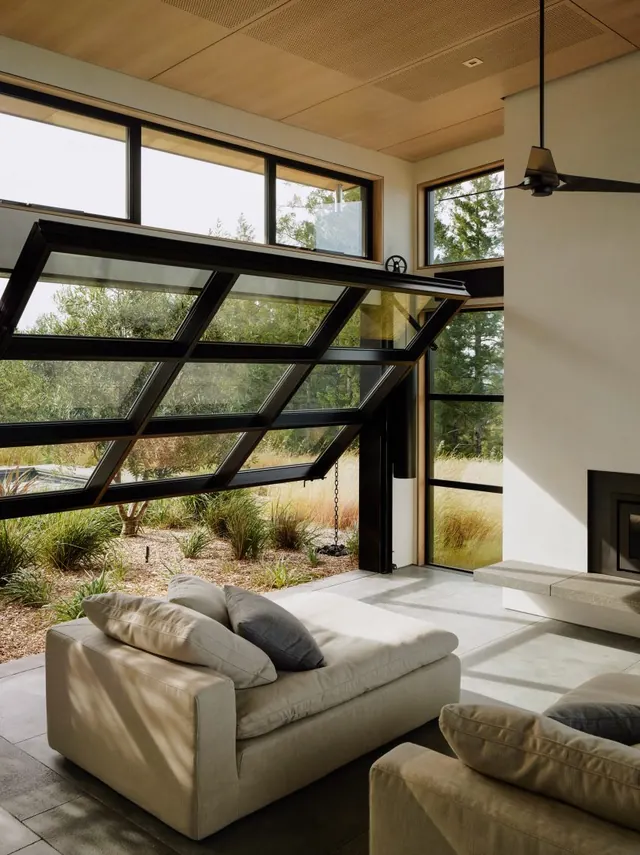 Modern Architectural Interior with Glass Atrium, minimal, photographic, warm