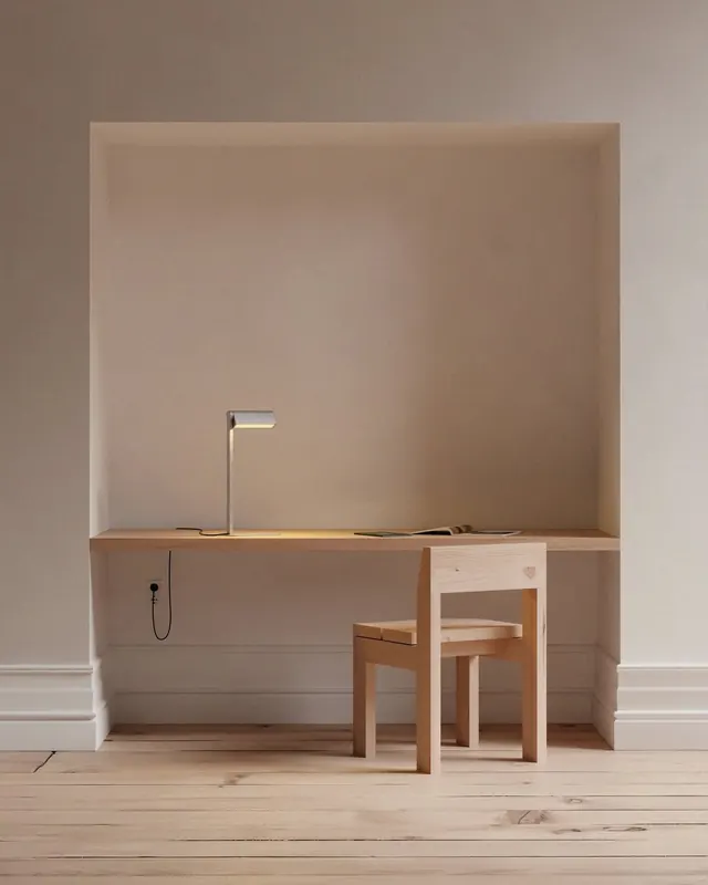 Minimalist Built-in Desk Niche, minimal, photographic, warm