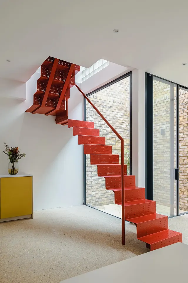 Modern Interior with Red Staircase, minimal, geometric, high-contrast