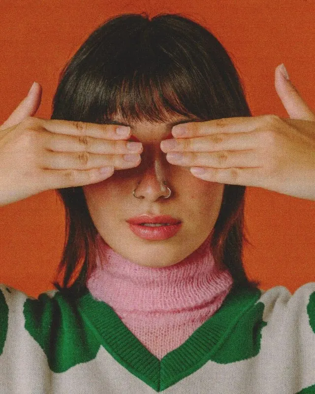 Portrait with Hands Over Eyes, photographic, retro, vibrant