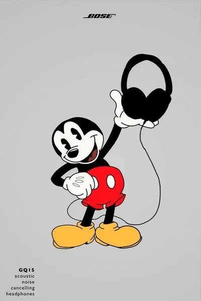 Mickey Mouse Illustration with Bose Branding, minimal, flat, high-contrast