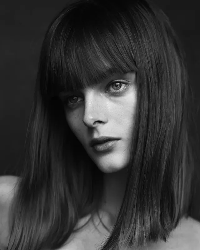 Monochrome Portrait of a Woman with Bangs, monochrome, photographic, monochrome